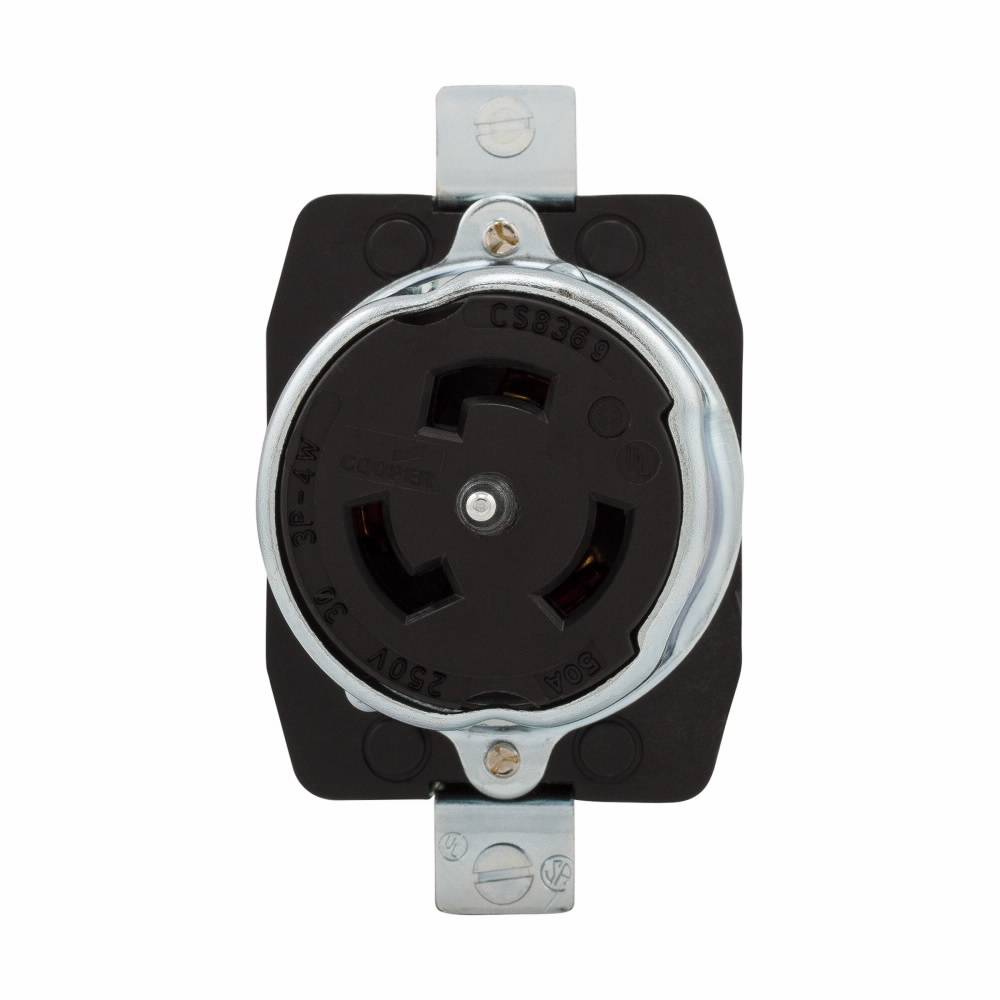 EATON CS8369 3-Phase Single Locking Receptacle, 250 VAC, 50 A, 3 Poles, 4 Wires, Black