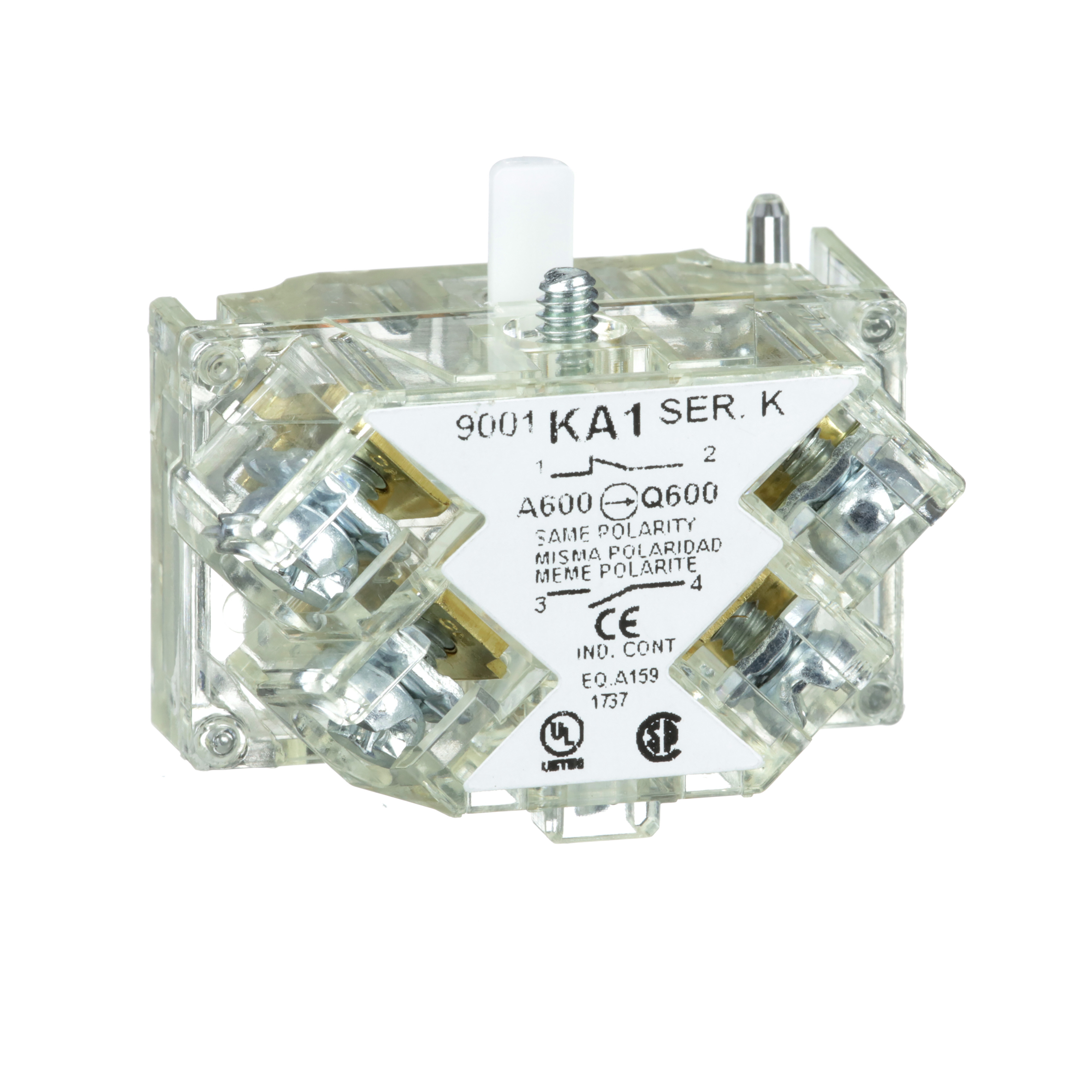 Square D™ Harmony™ 9001KA1 Types K SK KX Finger Safe Standard Contact Block With Protected Terminal, 30 mm, 1NO-1NC Contact, 10 A, 600 VAC Contact, Silver Alloy Contact, Momentary Action, Clear