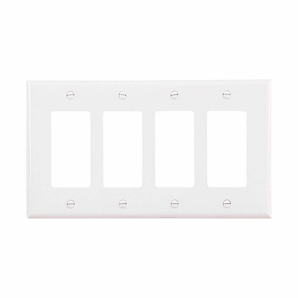 EATON Arrow Hart® PJ264W Mid-Sized Decorator Wallplate, 4 Gangs, 4.87 in H x 8.56 in W, Polycarbonate/Thermoplastic, White