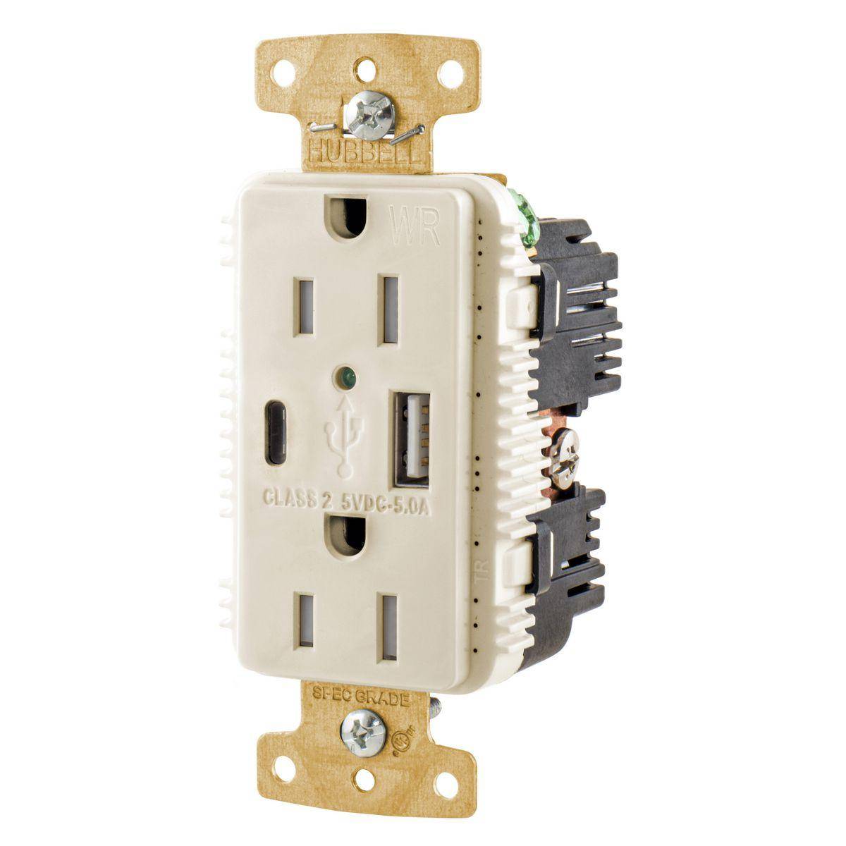 Wiring Device-Kellems tradeSELECT® USB15AC5LAWR Decorator Duplex Grounding Heavy Duty Tamper/Weather-Resistant USB Charger Receptacle With Green LED, 125 V, 15 A, 1875 W, 1 Phase, 2 Poles, 3 Wires, Light Almond