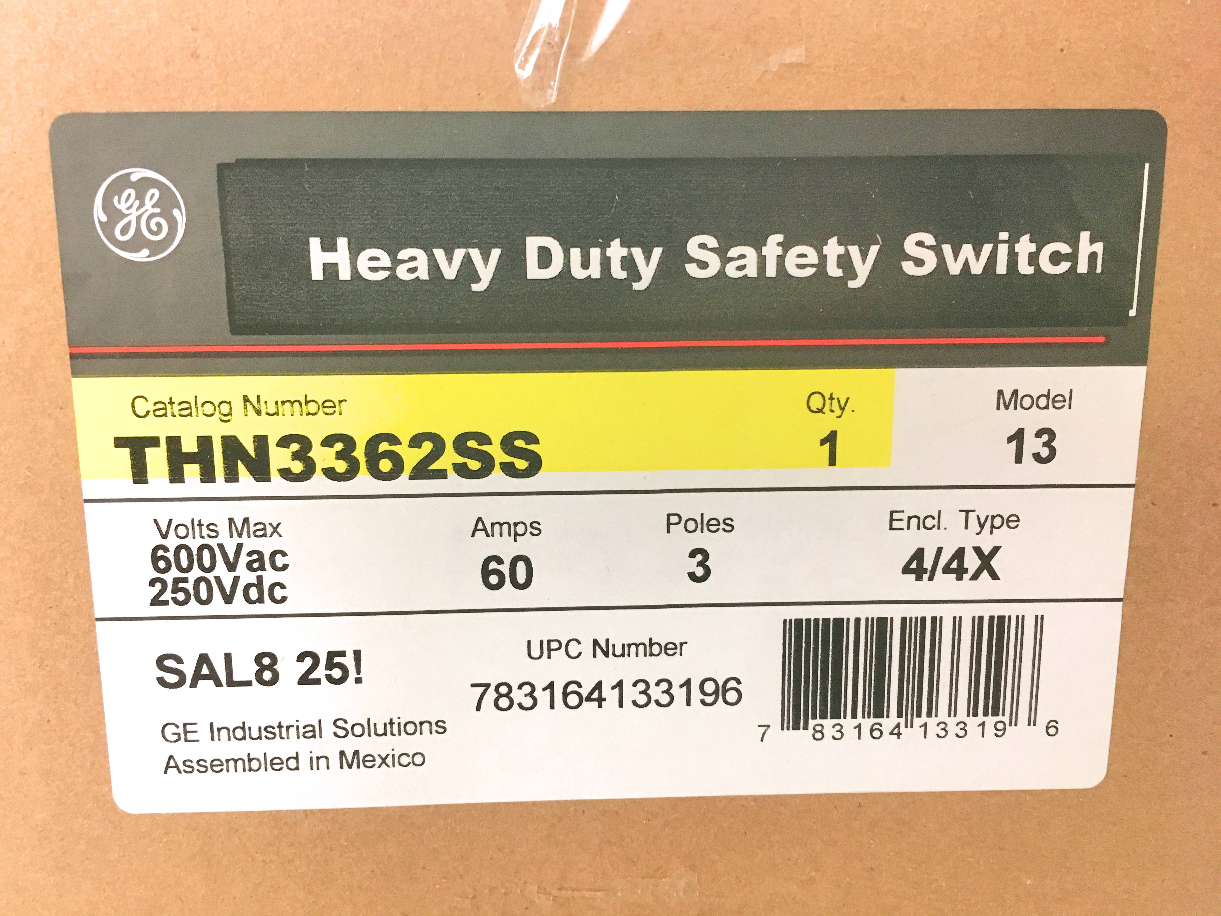 GE Spec-Setter® THN3362SS Heavy Duty Non-Fused Safety Switch, 600 VAC, 60 A, 60 hp, 3 Poles