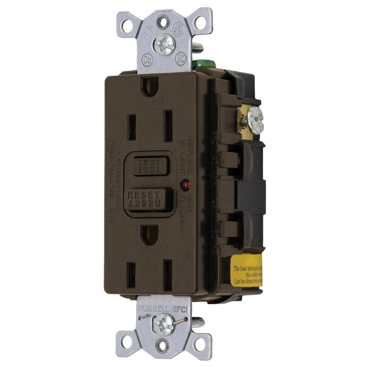 Wiring Device-Kellems Circuit Guard® GF15LA Pro 1-Phase Duplex Heavy Duty Self-Test Self-Grounding Standard Staple Straight Blade GFCI Receptacle With LED Indicator, 125 VAC, 15 A, 2 Poles, 3 Wires, Brown