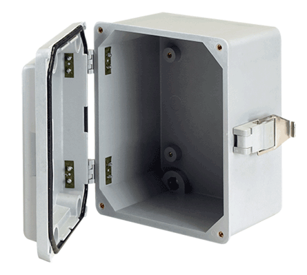 Hoffman A1066JFGQRR Junction Box, 9-1/2 in H x 6 in W x 5.78 in D, Solid/Hinged Cover, NEMA 4X/IP66 NEMA Rating, Fiberglass
