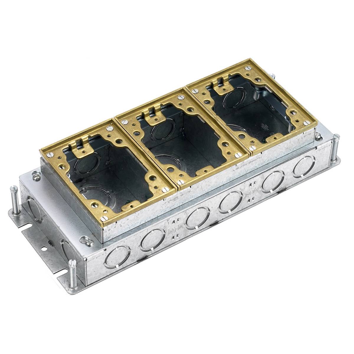 Wiring Device-Kellems B2423 B24 Fully Adjustable Shallow Standard Sized Floor Box, Stamped Steel, 34 cu-in/Gang Capacity, 3 Gangs, (22) Knockouts, 4.81 in L x 12.5 in W x 2.74 in H