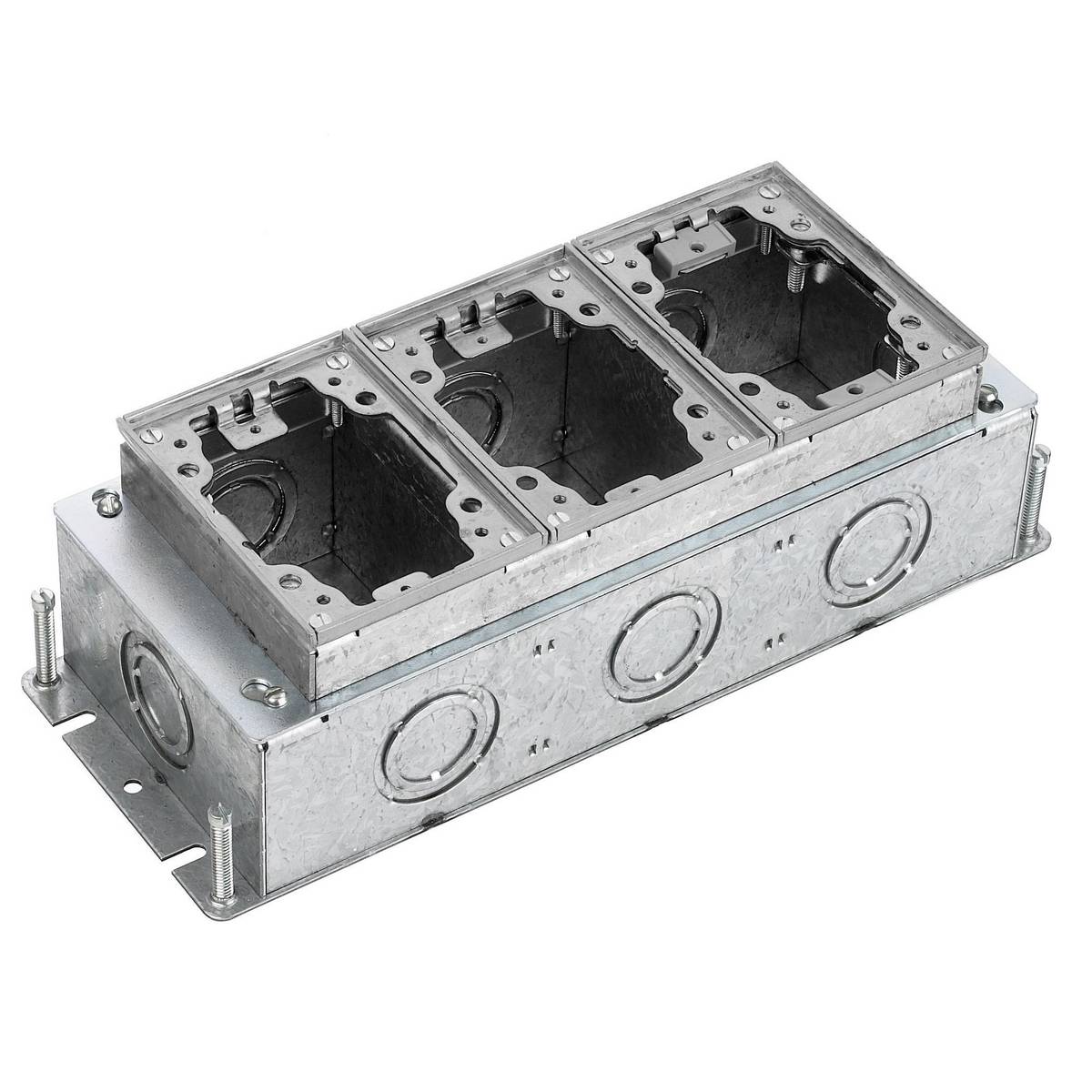 Wiring Device-Kellems BA2433 Deep Fully Adjustable Concrete Floor Box, Stamped Steel, 50.8 cu-in/Gang Capacity, 3 Gangs, 10 Knockouts, 4.81 in L x 12.5 in W x 3.72 in H