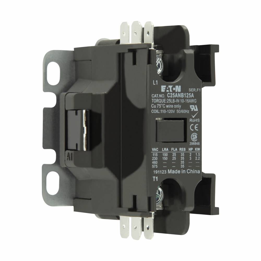 EATON C25ANB125A Compact Definite Purpose Control Contactor, 110/120 VAC Coil, 25 A, 1 Pole
