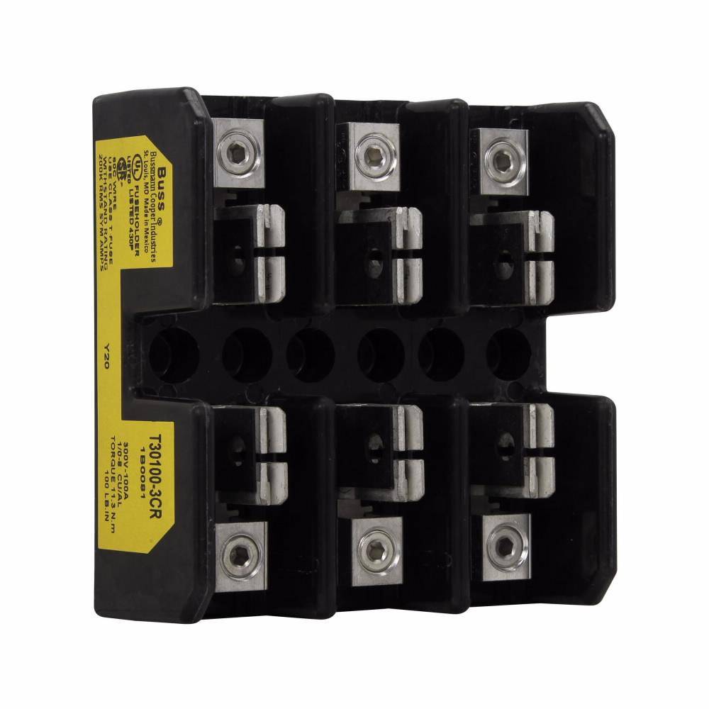 Edison T30100-3CR Open Power Fuse Block With Reinforced Spring, 300 VAC/VDC, 61 to 100 A, Class: T, 1/0 AWG Aluminum/Copper Wire, 3 Poles
