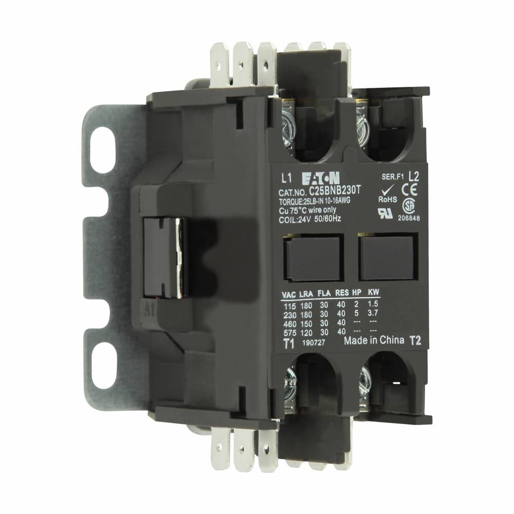EATON C25BNB230T Non-Reversing Definite Purpose Control Contactor, 24 VAC V Coil, 30 A Inductive/40 A Resistive, 2 Poles
