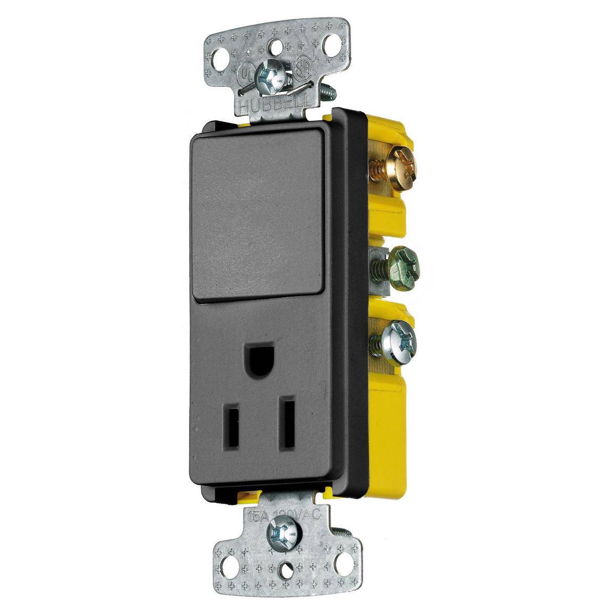 Wiring Device-Kellems RCD108BK Decorator 2-Position Standard Combination Switch and Receptacle, Electrical Ratings: 120/125 VAC, 15 A, 1875 W, 1 Poles, 3 Wires, 14 to 12 AWG Wire, Snap Switch Reset