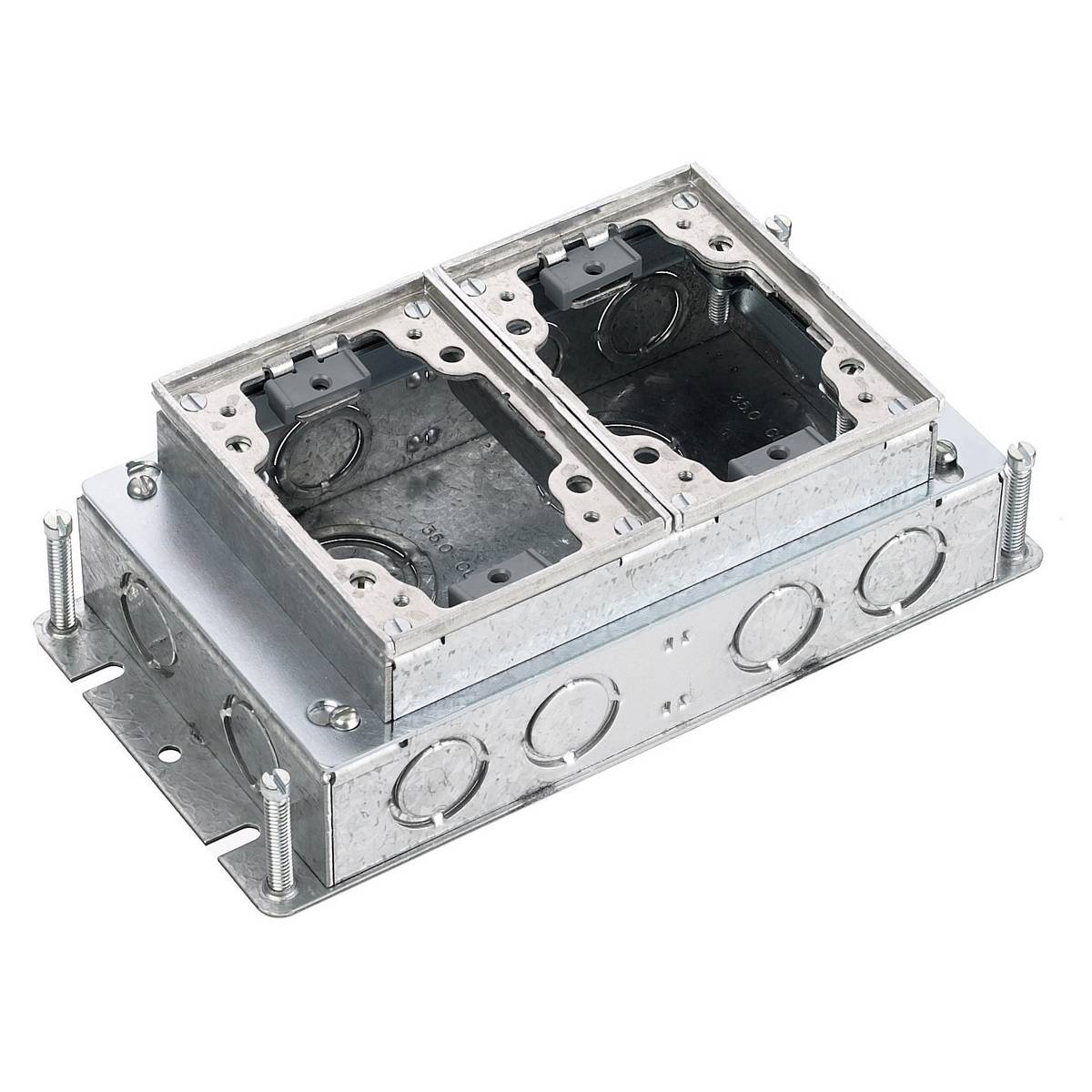 Wiring Device-Kellems BA2422 B24 Fully Adjustable Shallow Standard Sized Floor Box, Stamped Steel, 35 cu-in/Gang Capacity, 2 Gangs, (8) Knockouts, 4.81 in L x 9.25 in W x 2.74 in H