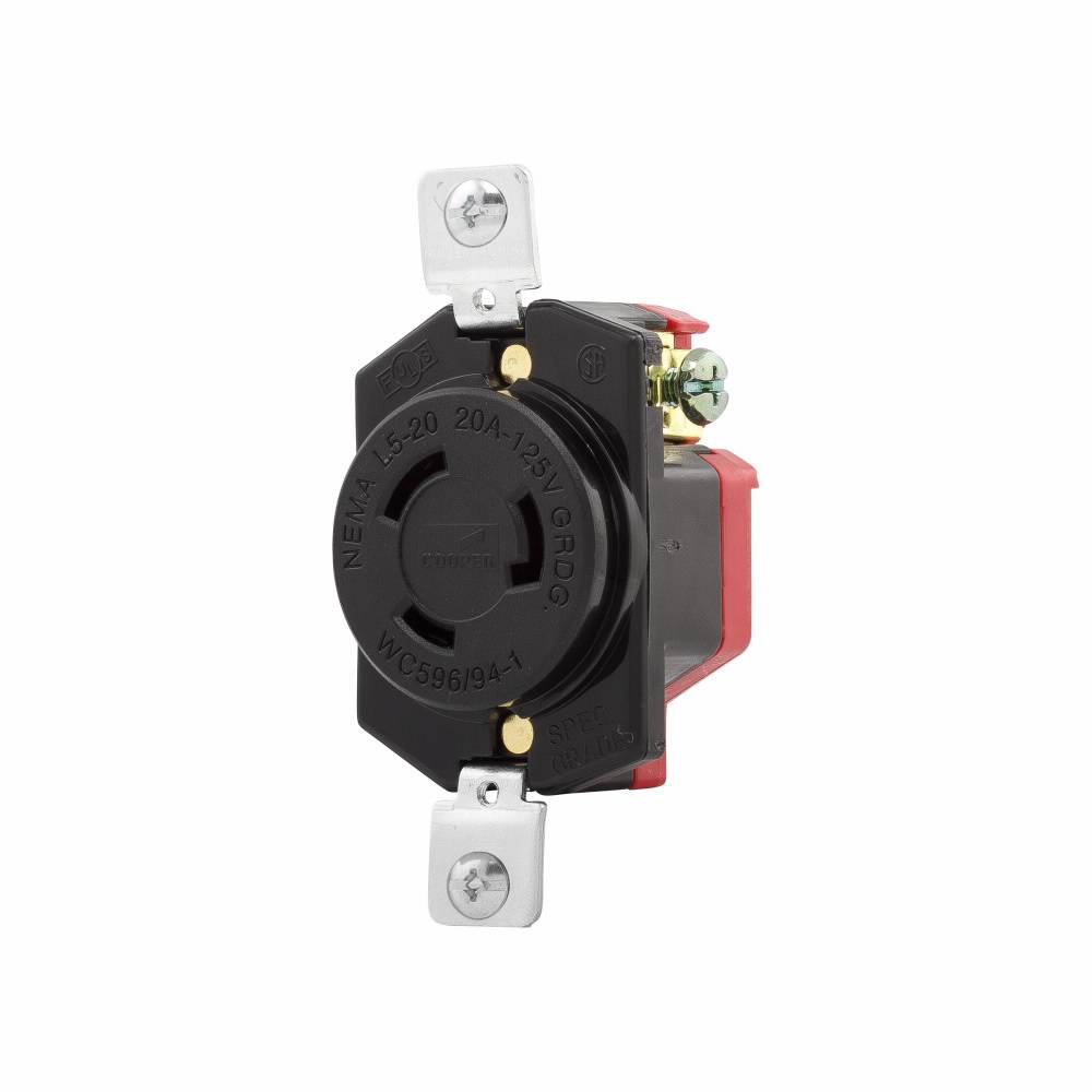 EATON Wiring Devices Arrow Hart™ L520R Single Locking Receptacle, 125 VAC, 20 A, 2 Poles, 3 Wires, Black