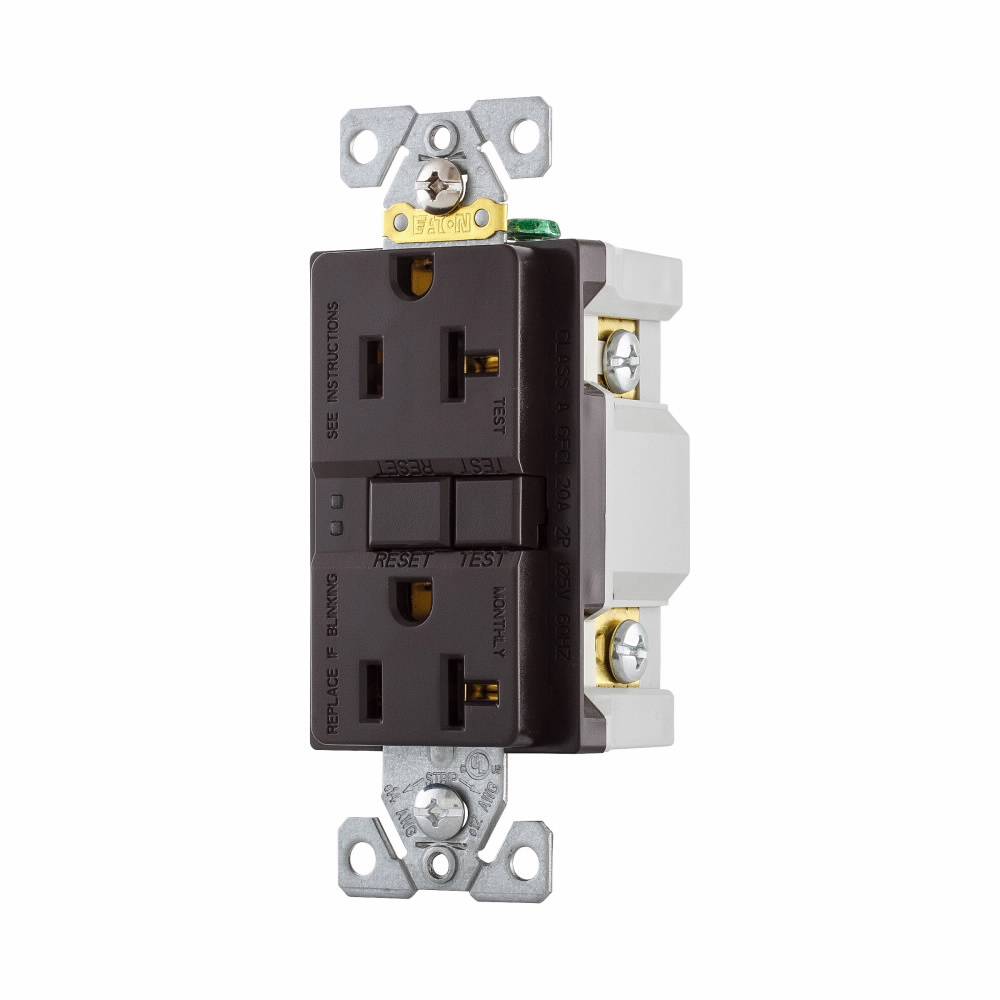 EATON Eaton Wiring Devices SGF20B Duplex Self-Test GFCI Receptacle, 125 VAC, 20 A, 2 Poles, 3 Wires, Brown