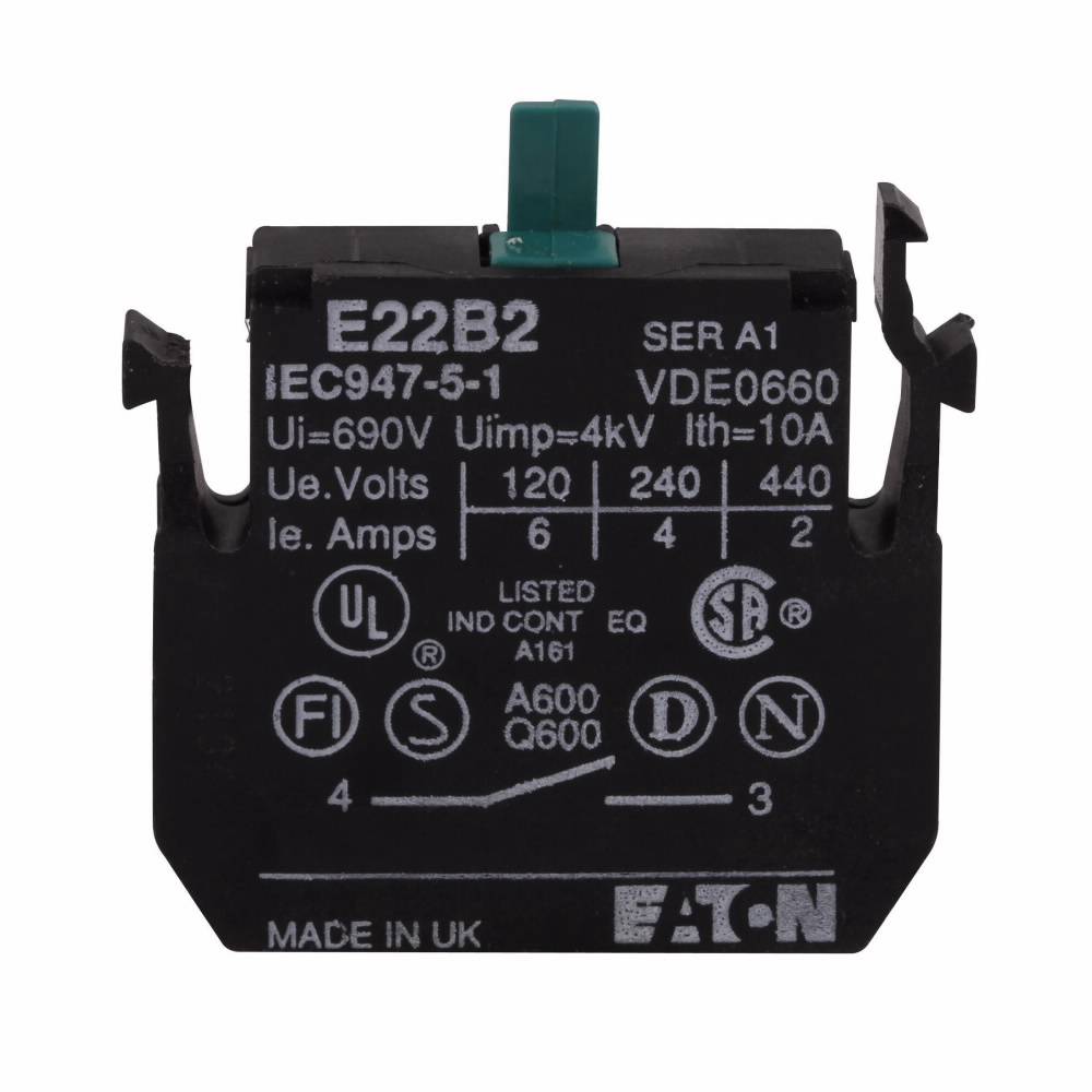 EATON E22B2 Heavy Duty Non-Metallic Standard Contact Block, 22.5 mm, 1NO Contact, 10 A at 600 VAC, 2.5 A at 600 VDC Contact, Silver Contact