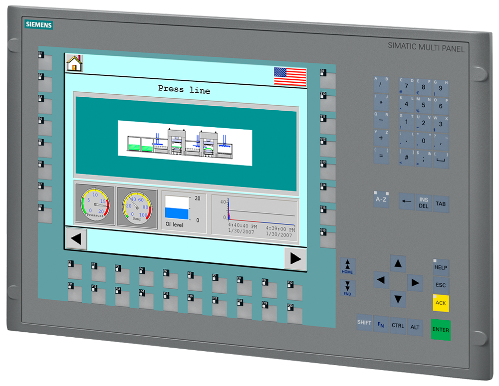 Siemens SIMATIC 6AV66440BA012AX1 MP 377 Key Multi-Panel, 24 VDC, 1.7 A, 41 W, 12 in TFT Touch Display, 1 x RS422, 1 x RS485, 2 x RJ45 Industrial Ethernet, 2 x USB, 1 x CF Card Slot, 1 x Multimedia Card Slot, PROFIBUS, MPI