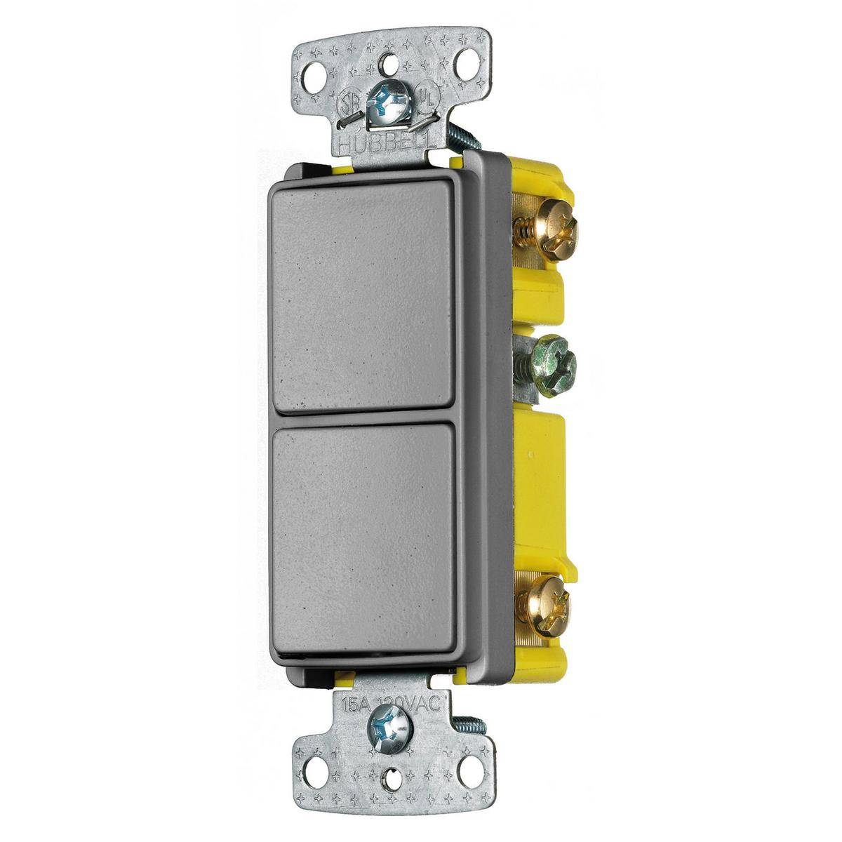 Wiring Device-Kellems RCD101GY Decorator 2-Position Self-Grounding Snap Action Standard Combination Quiet Rocker Switch, Electrical Ratings: 15 A, 120/277 VAC, 4155 W, 1 Poles