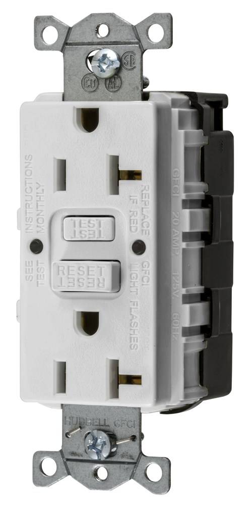 Bryant Electric AUTOGUARD® SNAPConnect® GFRST20SNAPW 1-Phase Auto Grounding Duplex Heavy Duty Self-Test Standard GFCI Receptacle, 125 VAC, 20 A, 2 Poles, 3 Wires, White
