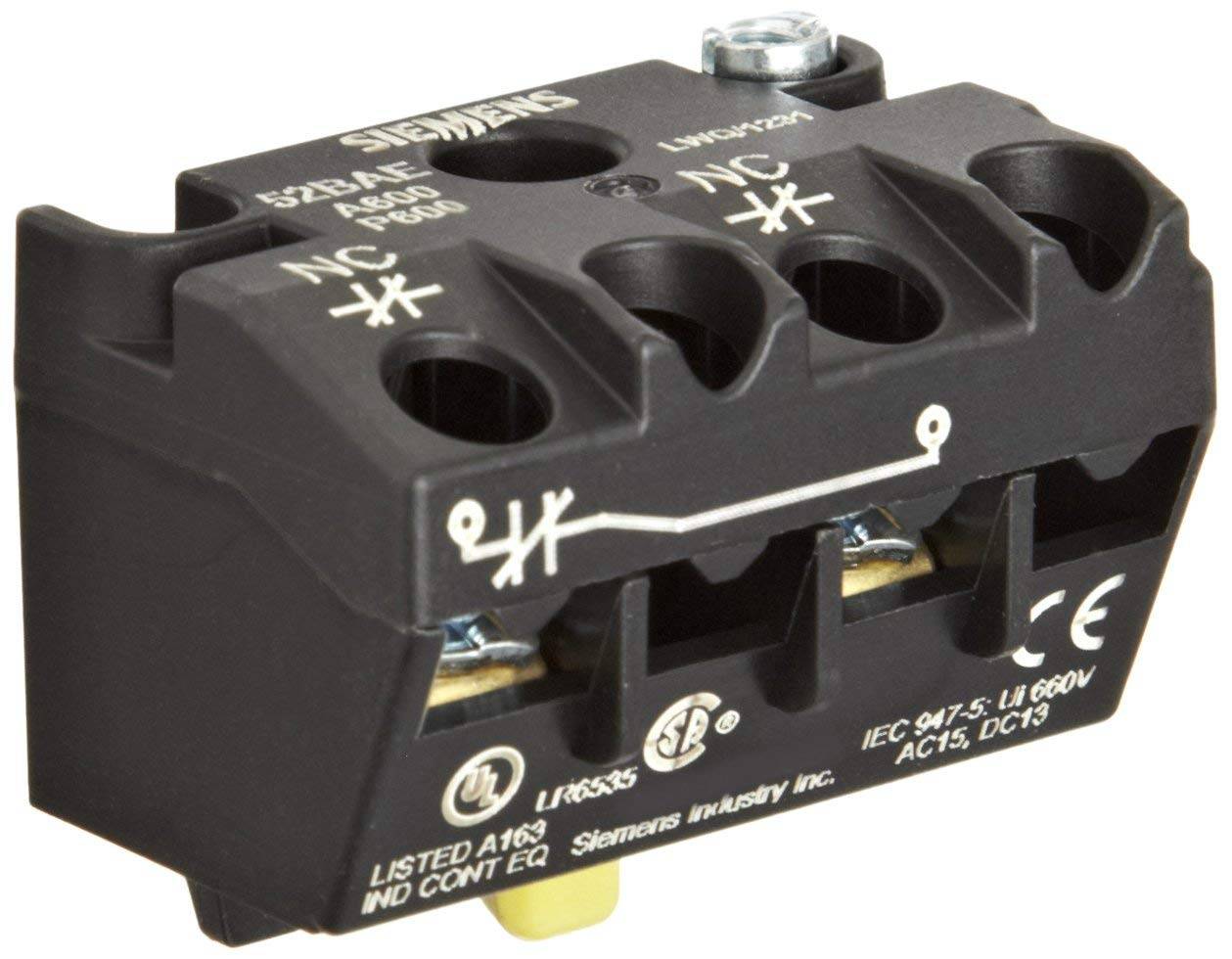 Siemens 52BAE Touch Safe Contact Block, 30 mm, 1NC Contact, 10 A at 600 VAC Contact, Silver Contact, Yellow