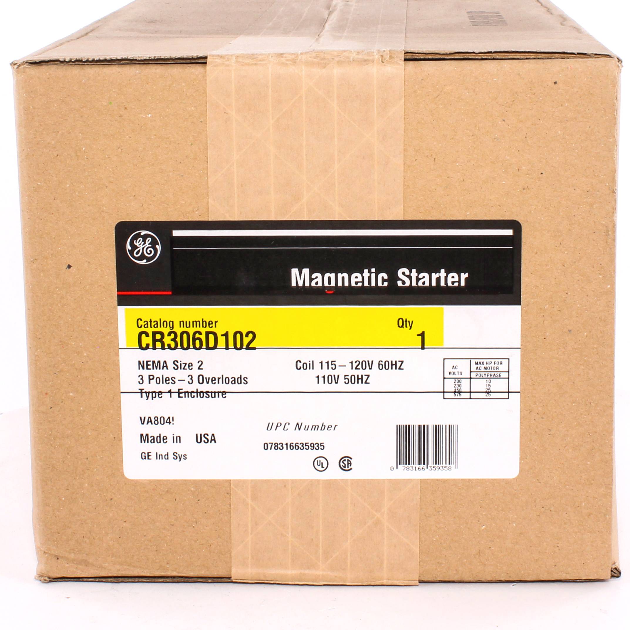 GE CR306D102 300 Line Full Voltage Non-Combination Non-Reversing NEMA Magnetic Starter, 115 to 120 VAC V Coil, 3 Poles, NEMA 1 Enclosure