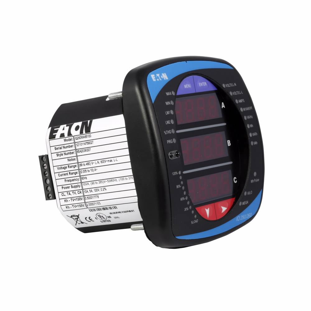 EATON IQ260MA65400 Electronic Power Quality Meter With Integral Display, 24 to 48 VDC, 5 A, LED Display, Modbus RTU/ASCII/RS485 KYZ Output/DNP 3.0 Communication