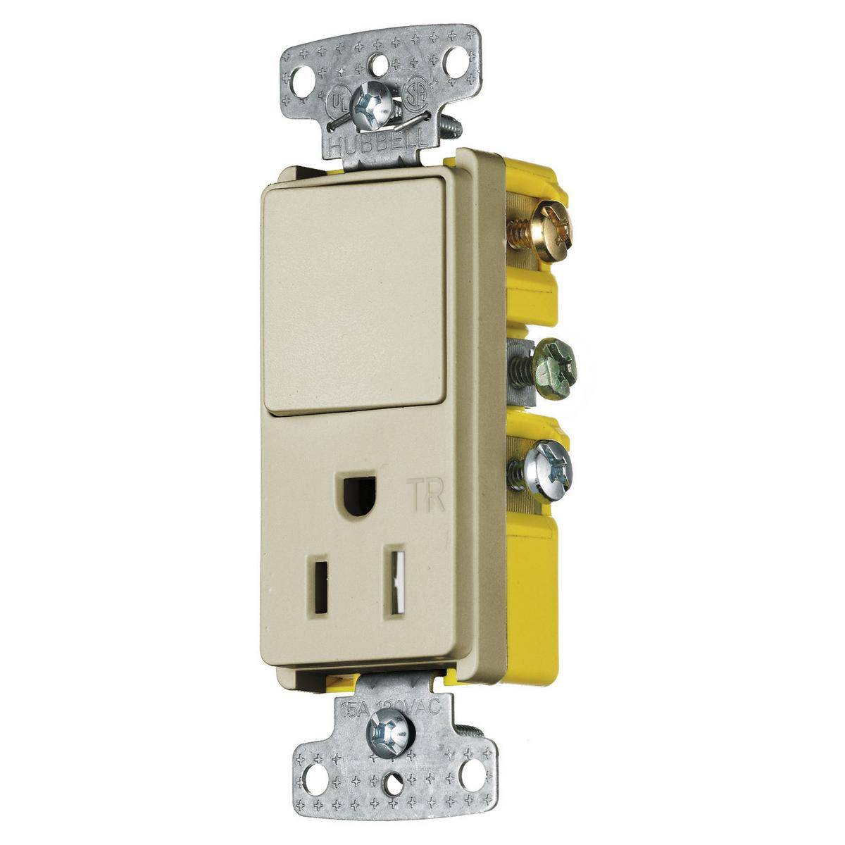 Wiring Device-Kellems RCD108ITR Decorator 2-Position Standard Tamper-Resistant Combination Switch and Receptacle, Electrical Ratings: 120/125 VAC, 15 A, 1875 W, 1 Poles, 3 Wires, 14 to 12 AWG Wire, Snap Switch Reset
