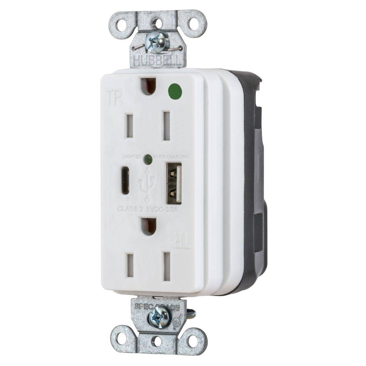 Wiring Device-Kellems SNAPConnect® SNAP8200UACW Decorator Duplex Straight Blade USB Charger Receptacle, 125 VAC, 15 A, 2 Poles, 3 Wires, White