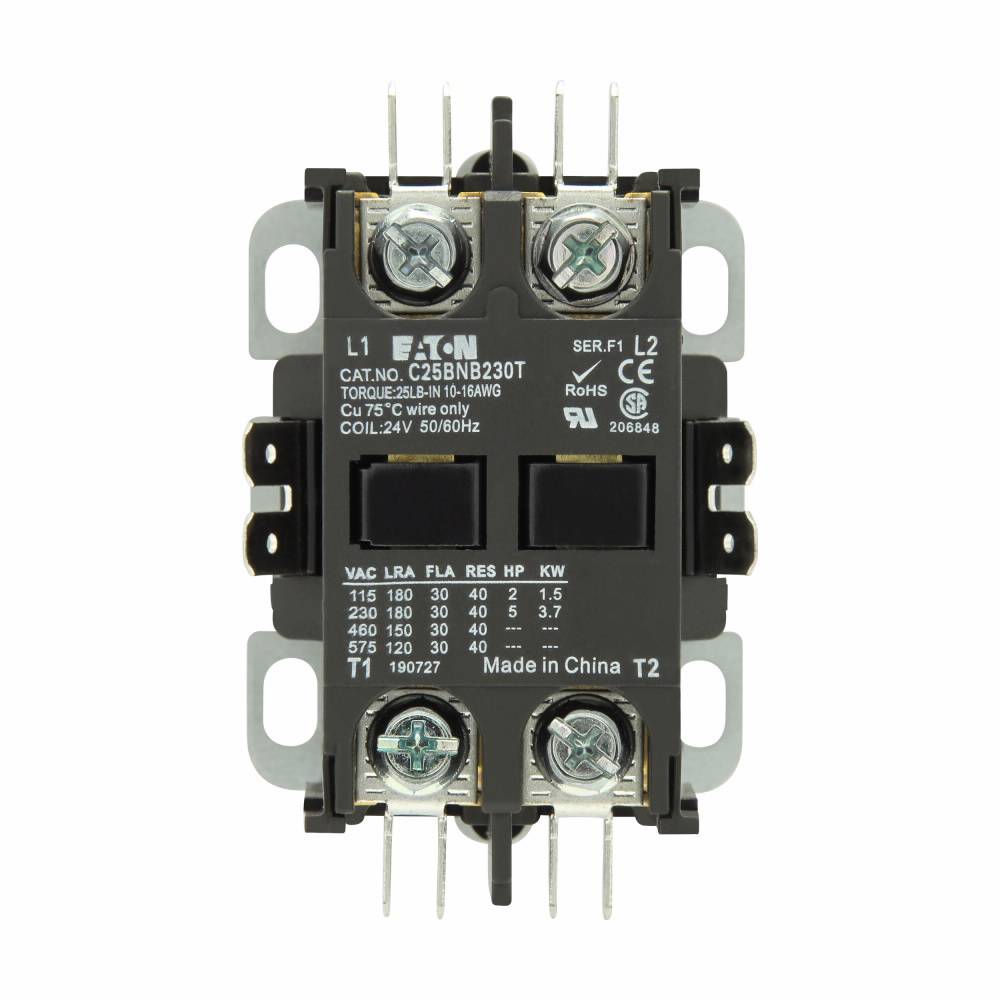 EATON C25BNB230T Non-Reversing Definite Purpose Control Contactor, 24 VAC V Coil, 30 A Inductive/40 A Resistive, 2 Poles