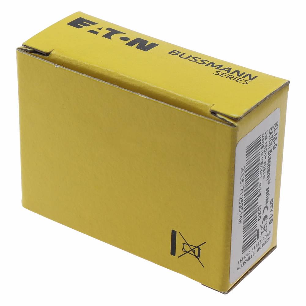 Bussmann KLM-8 Fast Acting Fuse, 8 A, 600 VAC/VDC, 100/50 kAIC Interrupt, Class: Supplemental, Cartridge Body