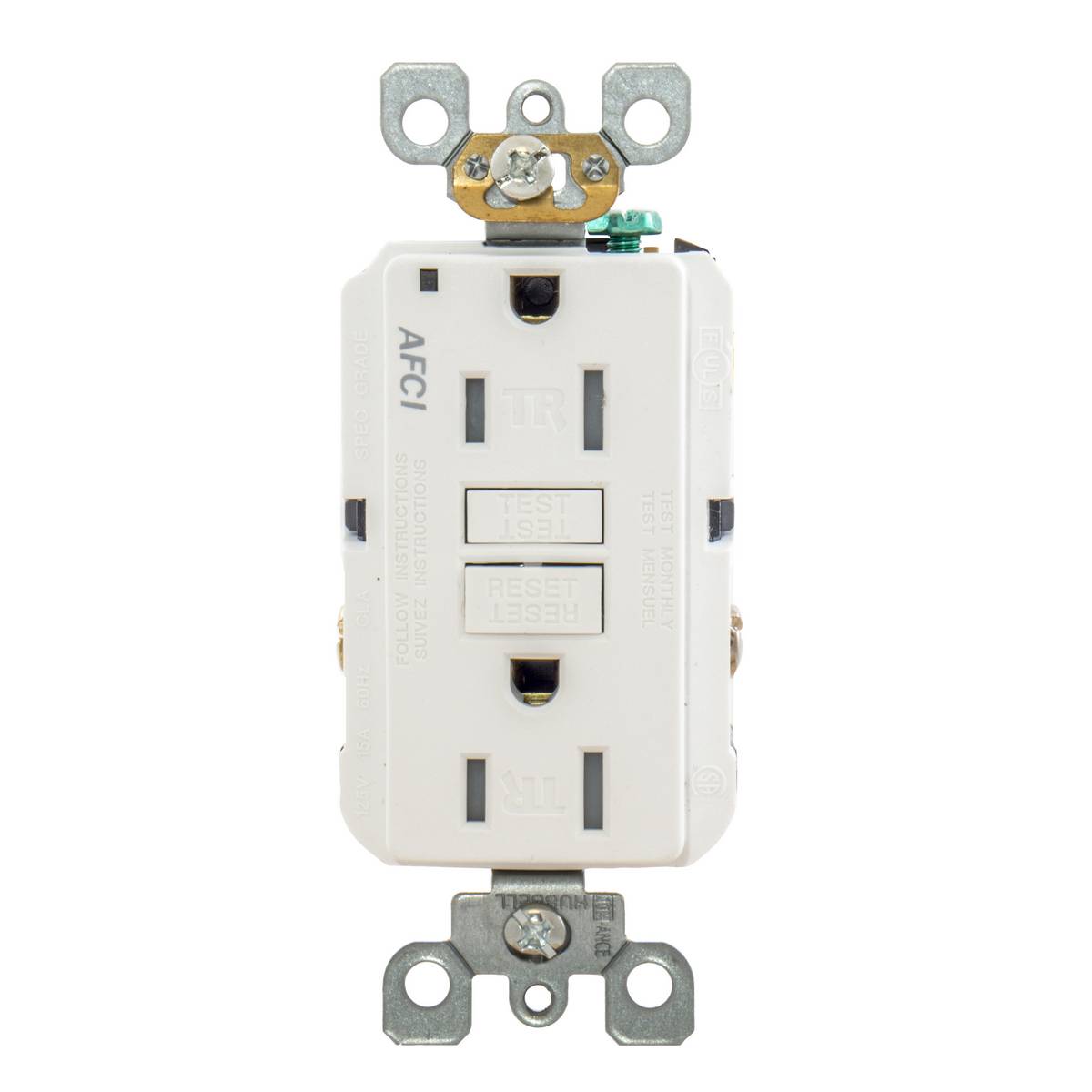 Wiring Device-Kellems AFR15TRW Decorator Duplex Standard Tamper Resistant Screw Mount Arc Fault Receptacle, 125 VAC, 15 A, 2 Poles, 3 Wires, White