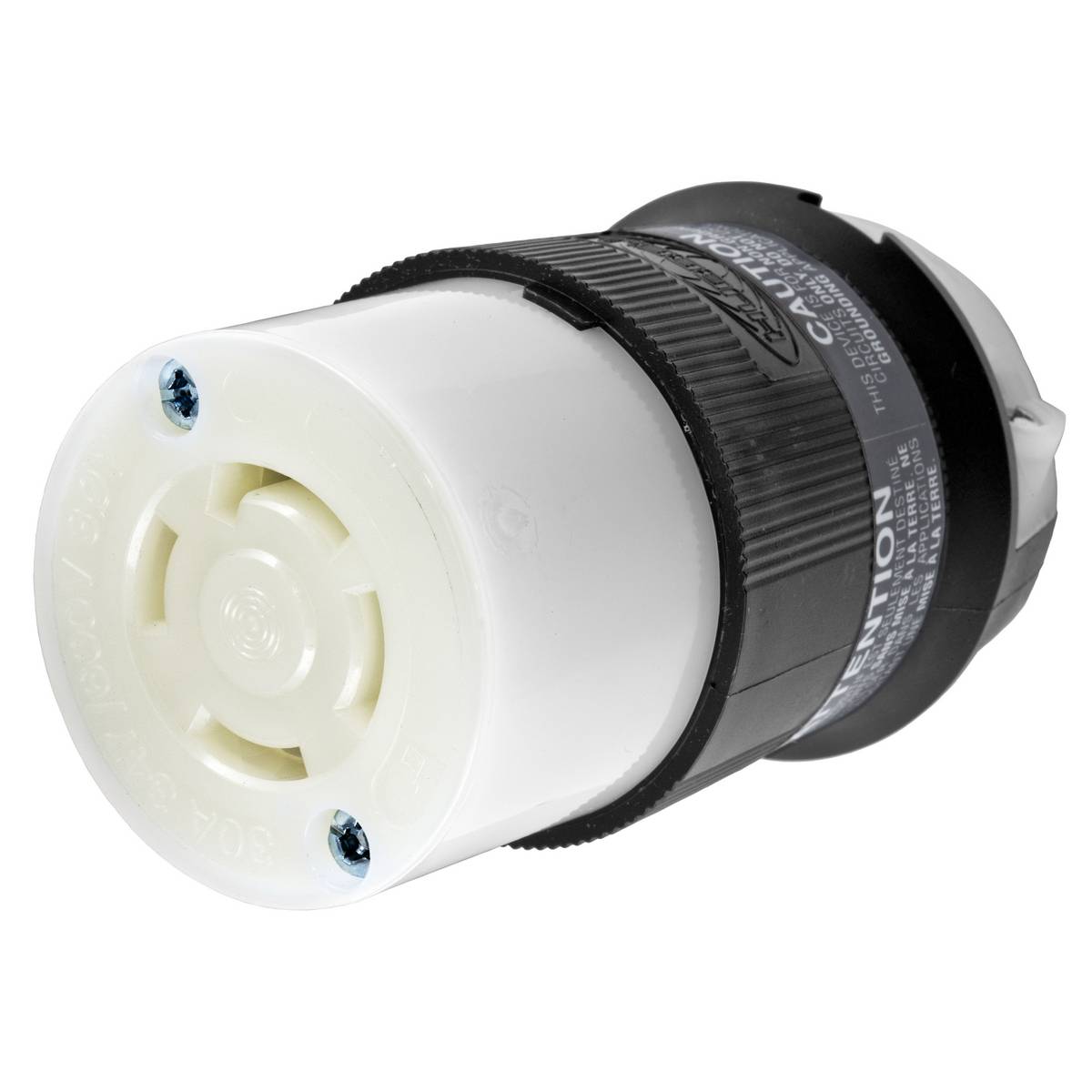 Wiring Device-Kellems Twist-Lock® Insulgrip® HBL2773 3-Phase Heavy Duty Isolated Non-Grounding Standard Sized Cord Mount Female Connector, 347Y/600 VAC, 30 A, 4 Poles, 4 Wires, Black/White