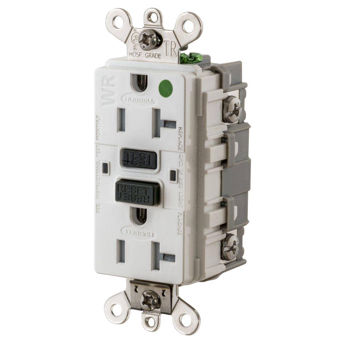 Wiring Device-Kellems GF8300SGW 1-Phase Auto Duplex Grounding Heavy Duty Standard Tamper-Resistant Weather-Resistant Screw Mount GFCI Receptacle, 125 VAC, 20 A, 2 Poles, 3 Wires, White