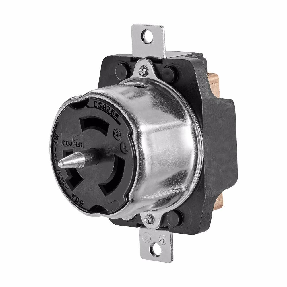 EATON CS8269 Single Locking Receptacle, 250 VAC, 50 A, 2 Poles, 3 Wires, Black