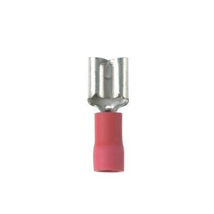 Panduit® Pan-Term™ DVF18-250-MY Type DVF Loose Piece Vibration-Resistant Female Disconnect, 18 AWG Conductor, 0.25 in W x 0.032 in THK Tab, Funnel Entry/Sleeved Barrel, Brass, Red, Barrel Insulated