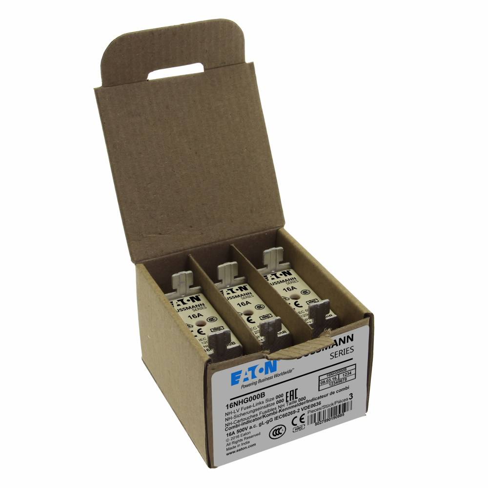 Edison Bussmann 16NHG000B Size 000 Dual Indicator NH Fuse Link, 500 V, 16 A, For Use With Bussmann NH Size Photovoltaic Fuse, Class C gG/gL Fuse, Ceramic