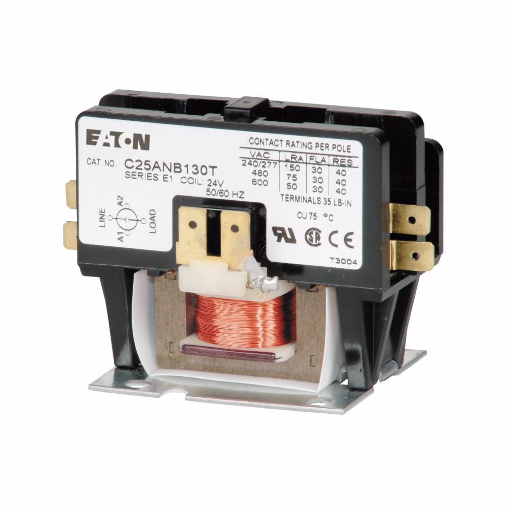 EATON C25ANB130T Compact Definite Purpose Contactor With Metal Mounting Plate, 24 VAC V Coil, 30/40 A, 1 Pole