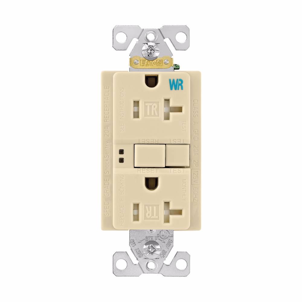 Eaton Wiring Devices TWRSGF20V TWRSGF Tamper/Weather-Resistant Duplex GFCI Receptacle, 125 VAC, 20 A, 2 Poles, 3 Wires, Ivory