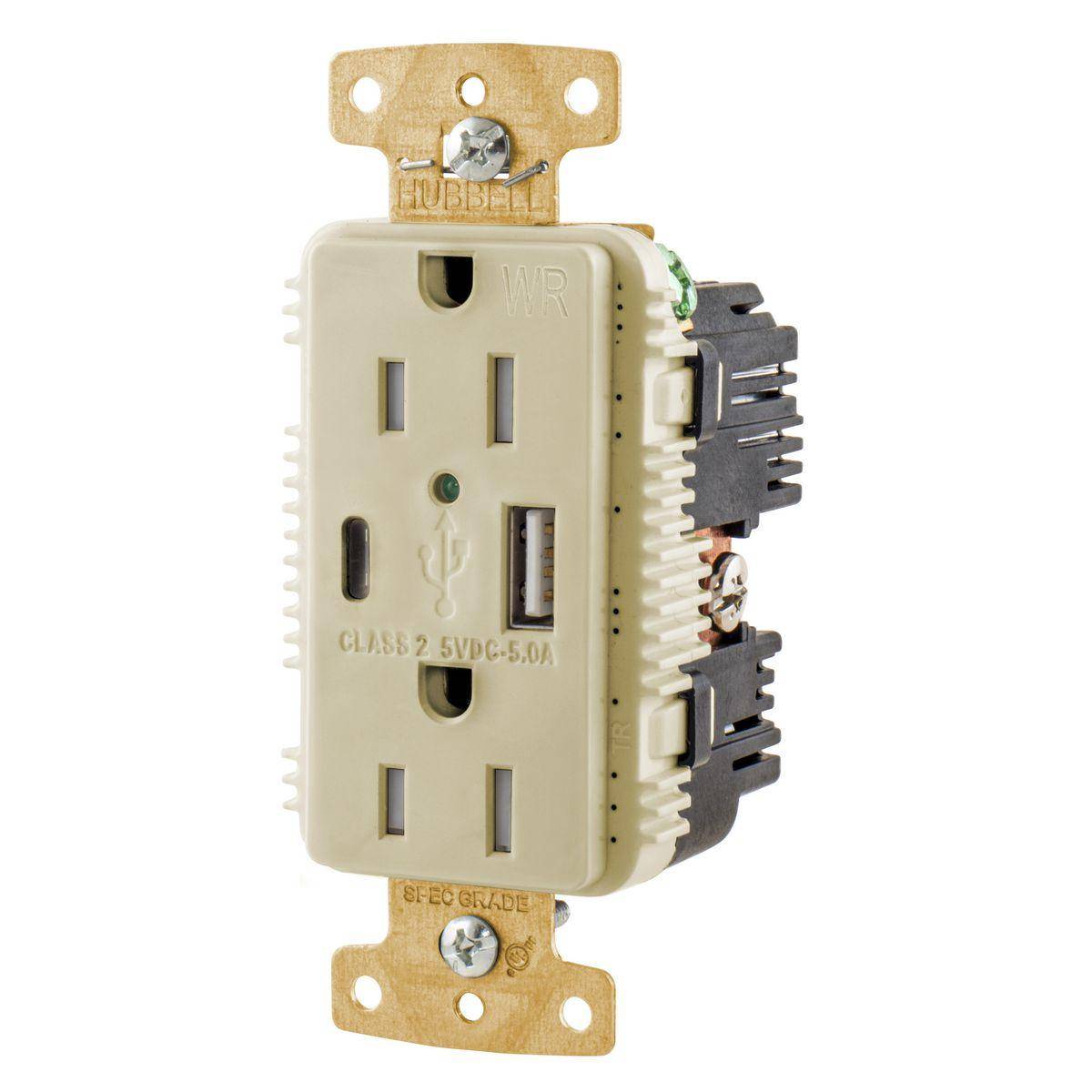 Wiring Device-Kellems tradeSELECT® USB15AC5IWR Decorator Duplex Grounding Heavy Duty Tamper/Weather-Resistant USB Charger Receptacle With Green LED, 125 V, 15 A, 1875 W, 1 Phase, 2 Poles, 3 Wires, Ivory