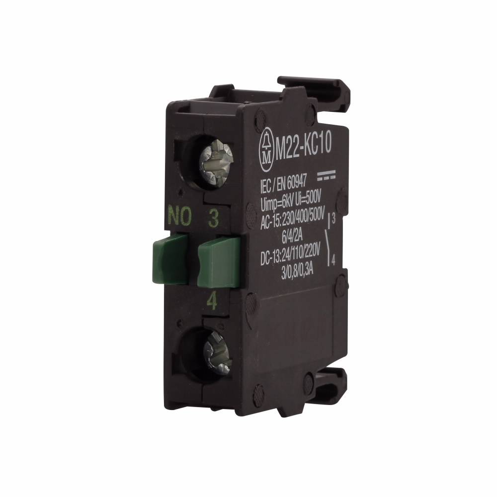 EATON M22-KC10 Non-Illuminated Contact Block, 22.5 mm, 1NO Contact, 4 A at 230 VAC, 2 A at 500 VAC Contact, Momentary Action, Black