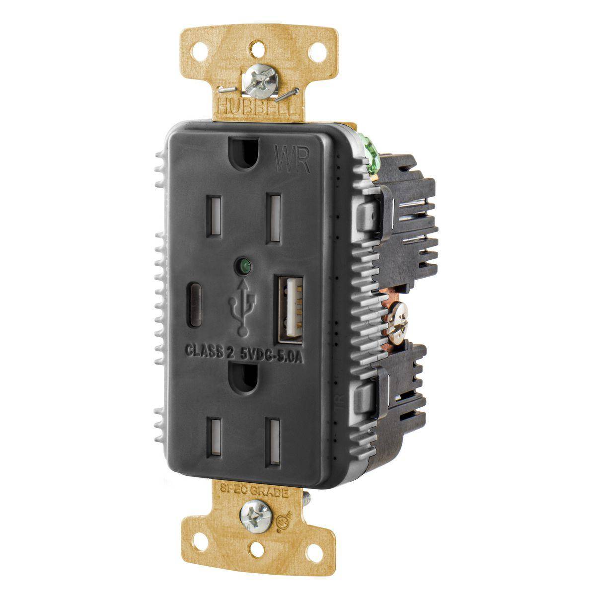 Wiring Device-Kellems tradeSELECT® USB15AC5BKWR Decorator Duplex Grounding Heavy Duty Tamper/Weather-Resistant USB Charger Receptacle With Green LED, 125 VDC, 15 A, 1 Phase, 2 Poles, 3 Wires, Black