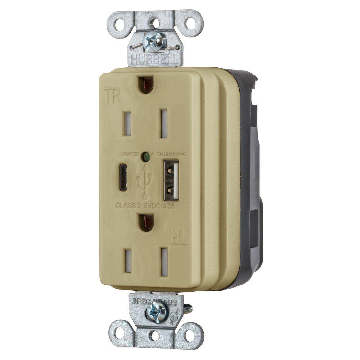 Wiring Device-Kellems SNAPConnect® Style Line® SNAP15UACI Decorator Duplex Grounding Temper-Resistant USB Charger Receptacle, 125 VAC, 15 A, 2 Poles, 3 Wires, Ivory