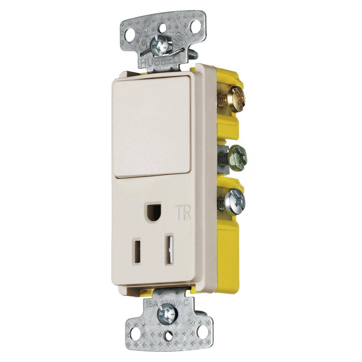 Wiring Device-Kellems RCD308LATR Decorator 2-Position 3-Way Standard Tamper-Resistant Combination Switch and Receptacle, Electrical Ratings: 15 A, 125 VAC, 1875 W, 2 Poles, 3 Wires, 14 to 12 AWG Wire, Snap Switch Reset