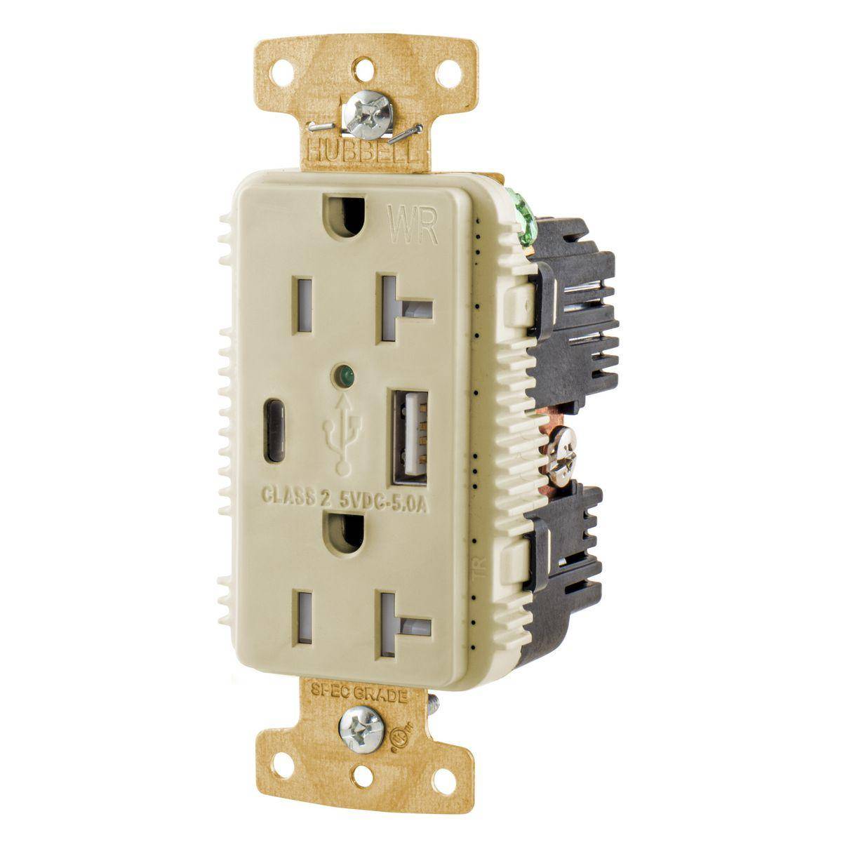 Wiring Device-Kellems tradeSELECT® USB20AC5IWR Decorator Duplex Grounding Tamper/Weather-Resistant USB Charger Receptacle With Green LED, 125 V, 20 A, 1 Phase, 2 Poles, 3 Wires, Ivory