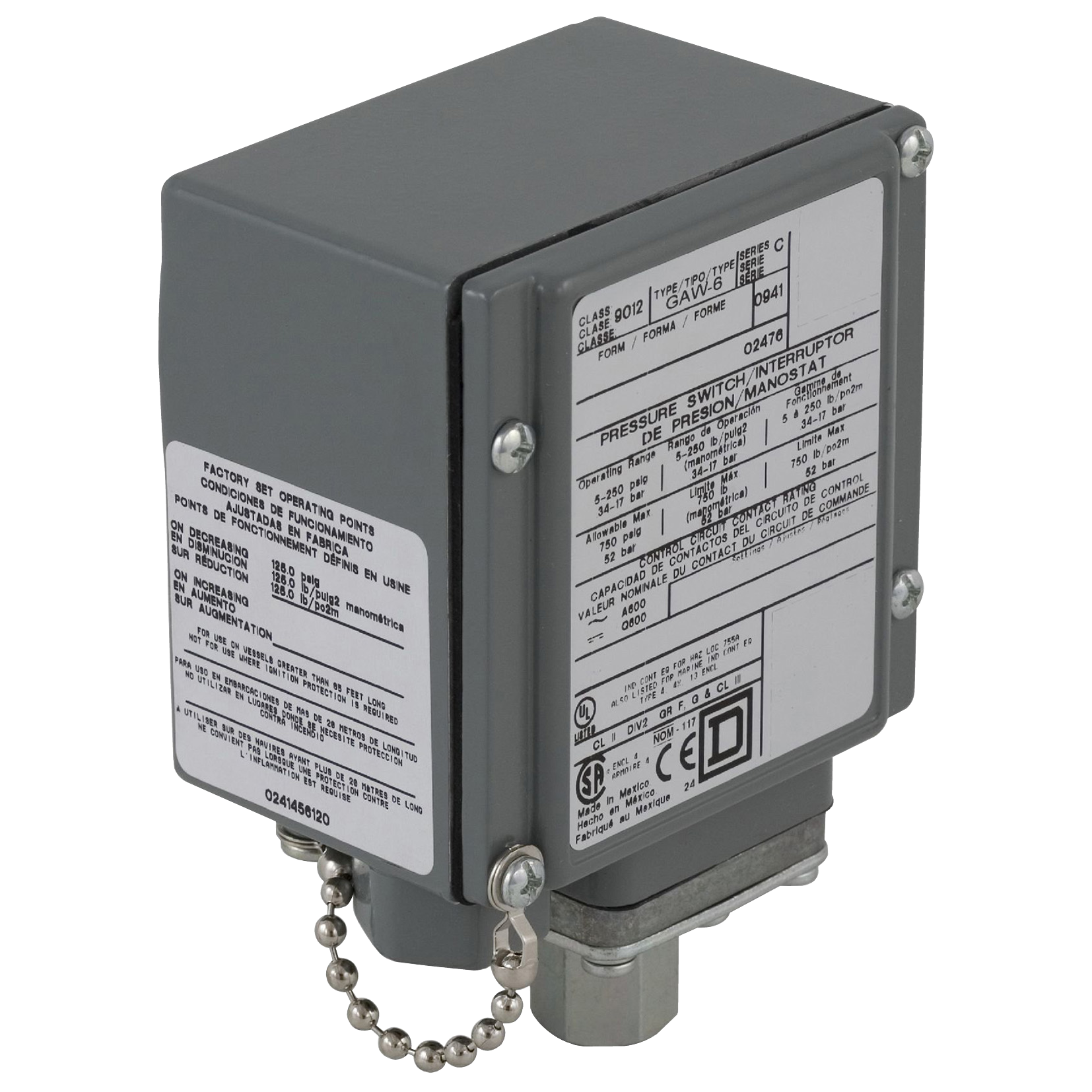Square D™ 9012GAW5G17 Single Stage Low Pressure Electromechanical Pressure Switch, 3 to 150 psi Pressure, 6 to 30 psi Differential, NC-NO/SPDT-DB Contact, Screw Clamp Connection