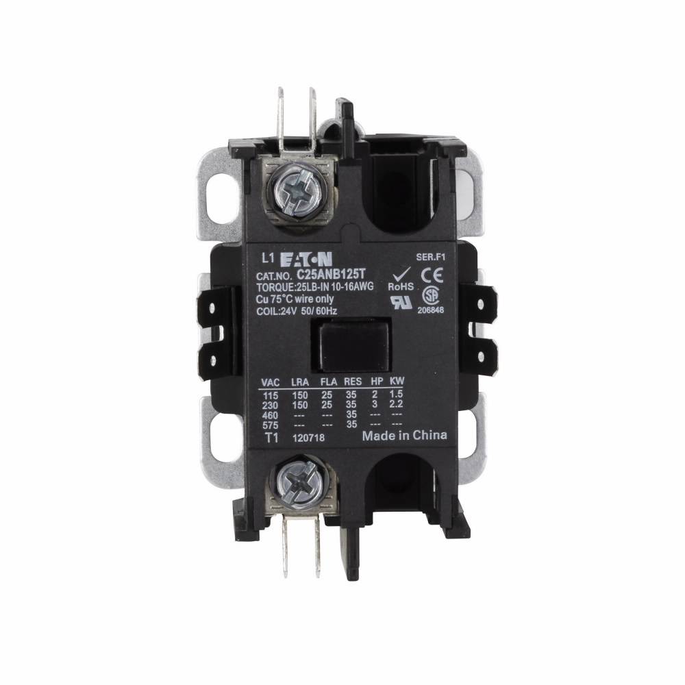 EATON C25ANB125T Compact Definite Purpose Control Contactor, 24 VAC V Coil, 25 A, 1 Pole