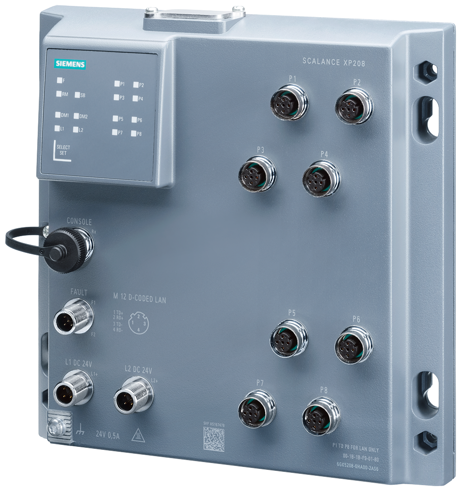 Siemens SCALANCE XP208 6GK52080HA002TS6 Compact Managed Ethernet Switch, M12 Port, Telnet/HTTP/HTTPS/TFTP/FTP/DCP/LLDP/Ethernet/IP/SNMP v1/SNMP v2/SNMP v3/IGMP/HRP/MRP/SSH/SSL/NTP/SNTP Protocol