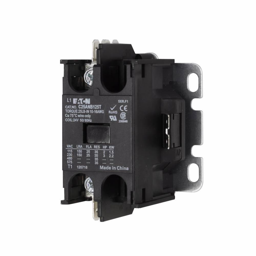 EATON C25ANB125T Compact Definite Purpose Control Contactor, 24 VAC V Coil, 25 A, 1 Pole