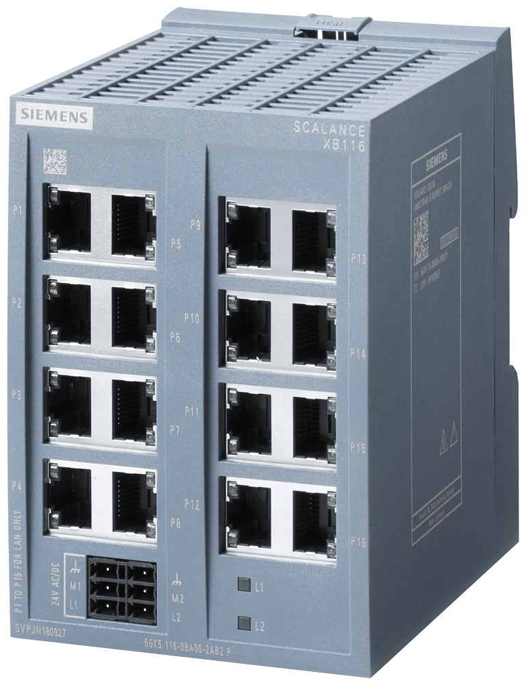 Siemens SIMATIC 6GK51160BA002AB2 SCALANCE XB116 Unmanaged Ethernet Switch, RJ-45 Port, PRP Protocol