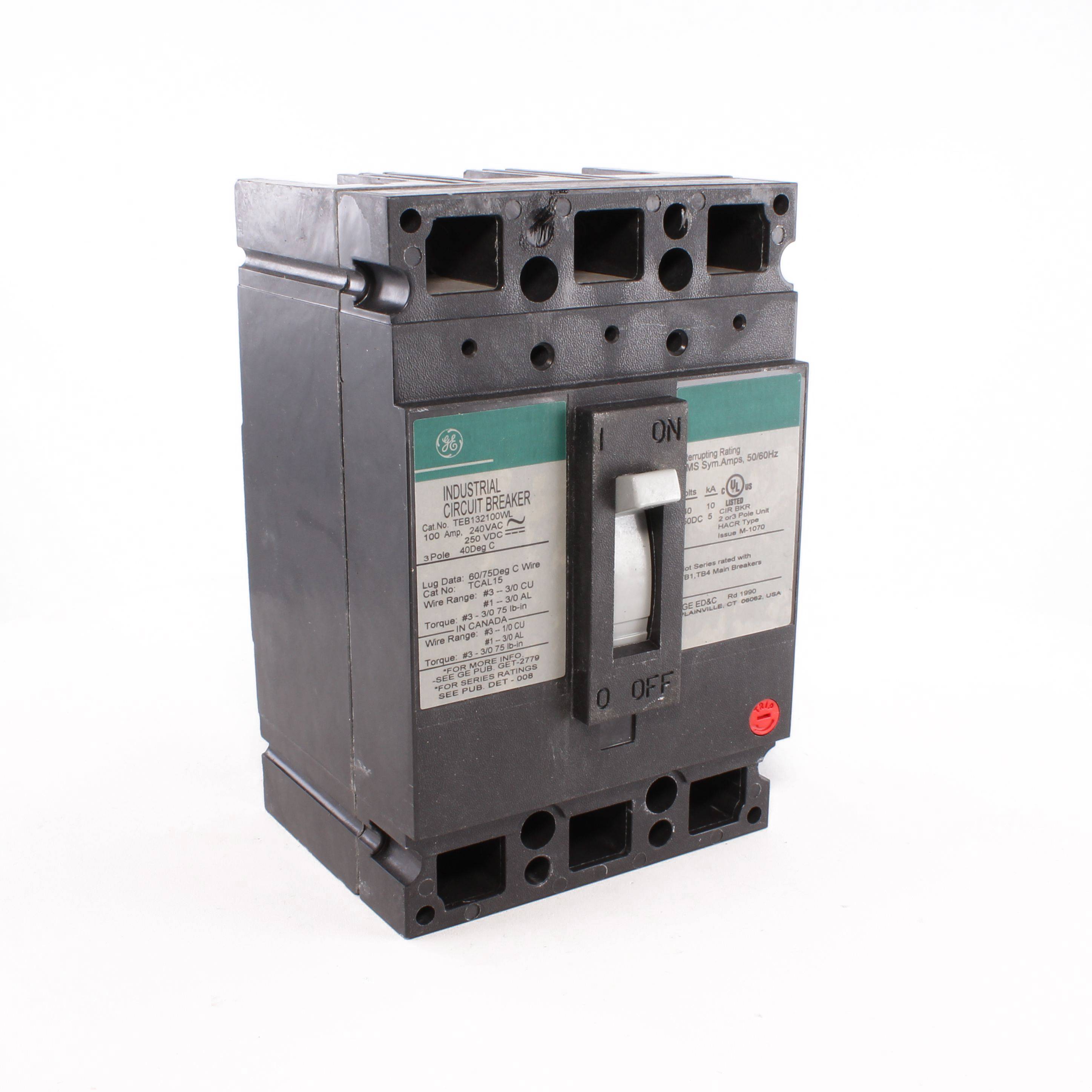 GE TEB132100WL Type TEB Core E Low Tier Molded Case Circuit Breaker, 240 VAC, 100 A, 10 kA Interrupt, 3 Poles, LI/Non-Interchangeable Thermal Magnetic Trip