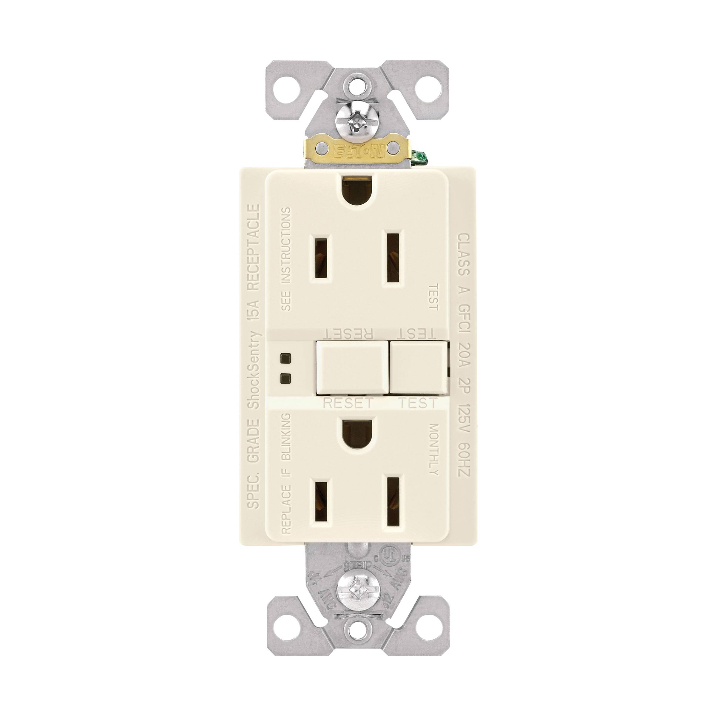 EATON SGF15LA-M-L Duplex Self-Test GFCI Receptacle, 125 VAC, 15 A, 2 Poles, 3 Wires, Light Almond