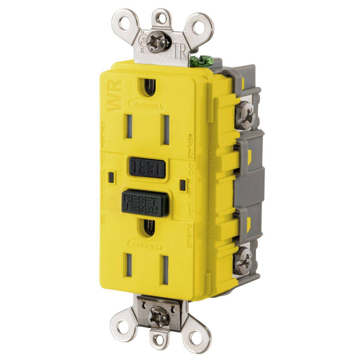 Wiring Device-Kellems GF5262SGYEL Auto Grounding Duplex Decorator Heavy Duty Straight Blade Tamper/Weather Resistance GFCI Receptacle, 125 VAC, 15 A, 2 Poles, 3 Wires, Yellow