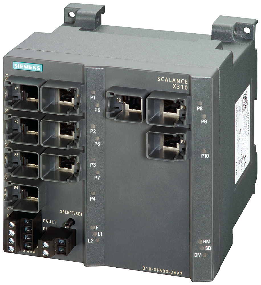 Siemens 6GK53100FA102AA3 SCALANCE X310 Managed Plus Industrial Ethernet Switch, (10) RJ-45 Ports for Network Components & Terminal Equipment, (1) 4-Pole Terminal Block for Power Supply, (1) 2-Pole Terminal Block for Signaling Contact Interface, RJ-45 Port
